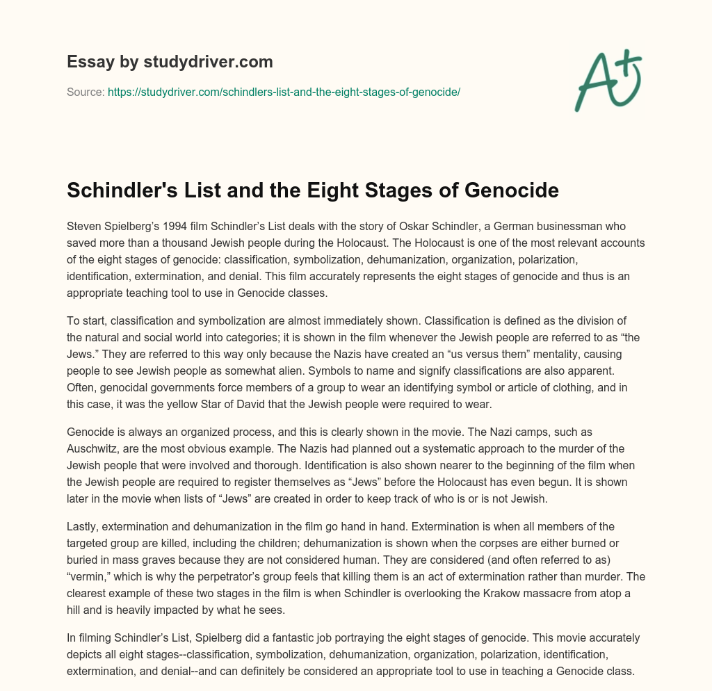 Schindler’s List and the Eight Stages of Genocide essay
