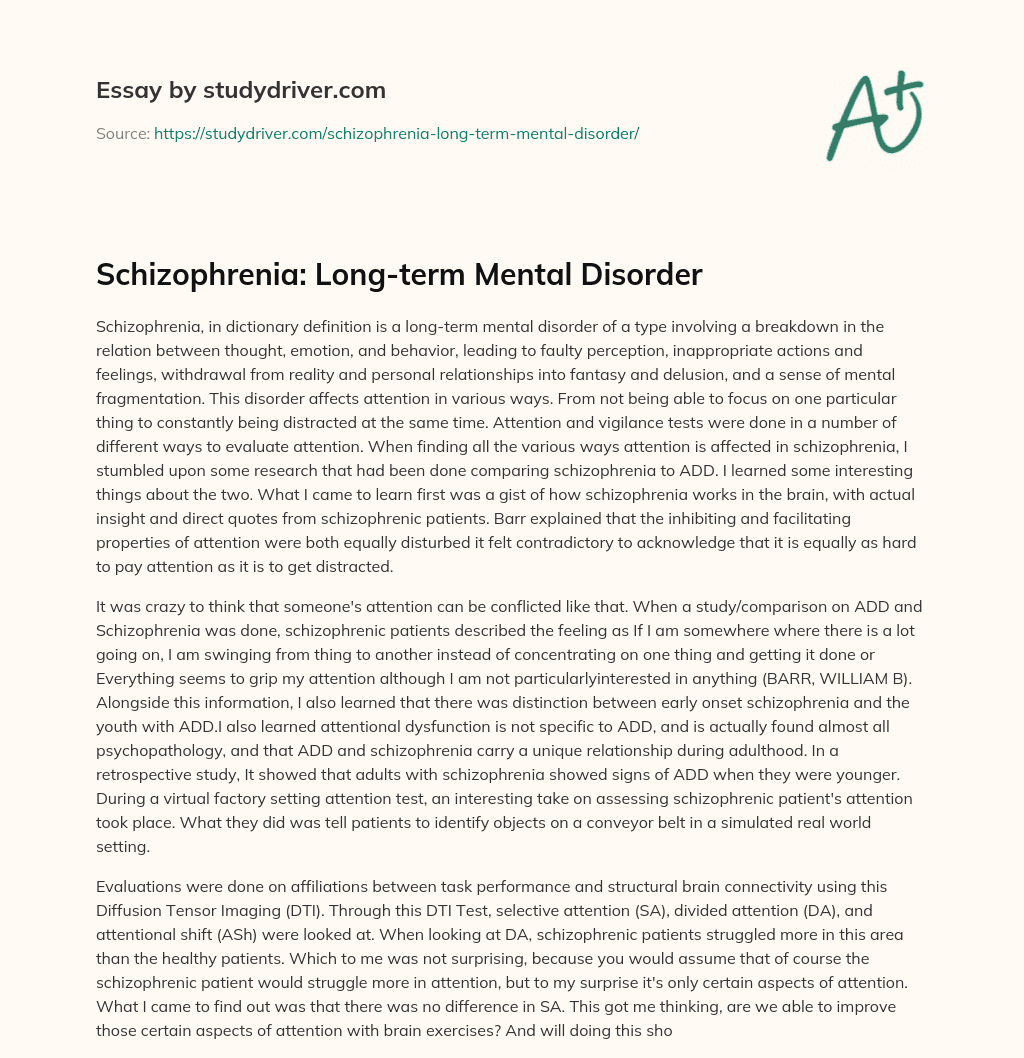 Schizophrenia: Long-term Mental Disorder essay