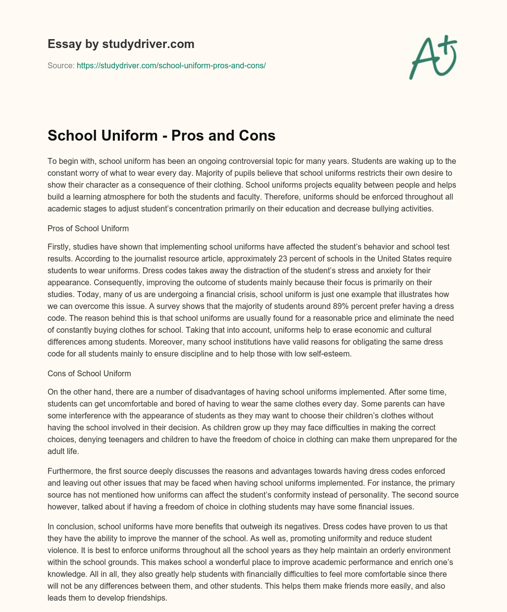 School Uniform – Pros and Cons essay