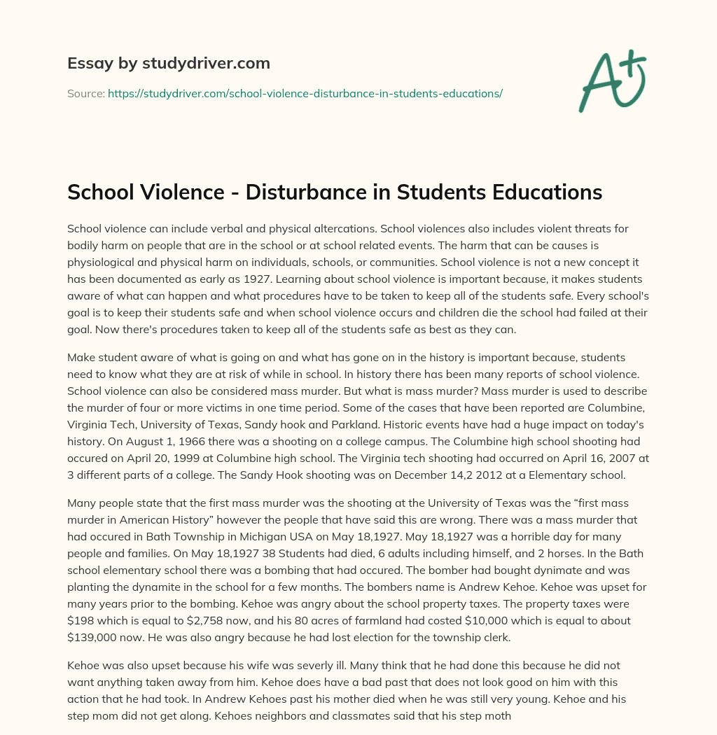 School Violence – Disturbance in Students Educations essay