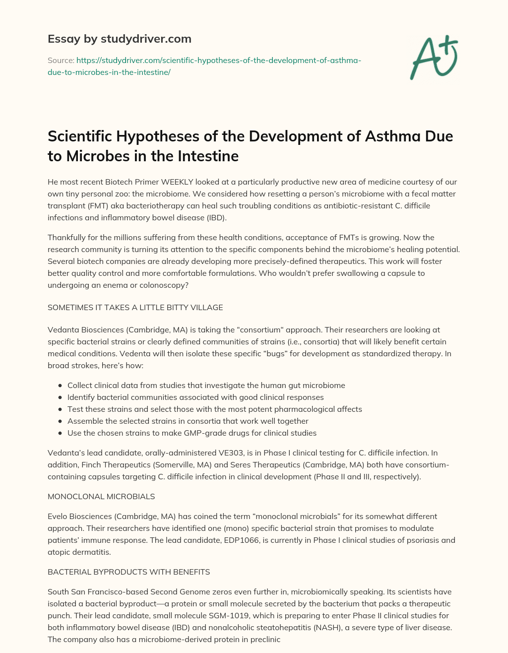 Scientific Hypotheses of the Development of Asthma Due to Microbes in the Intestine essay