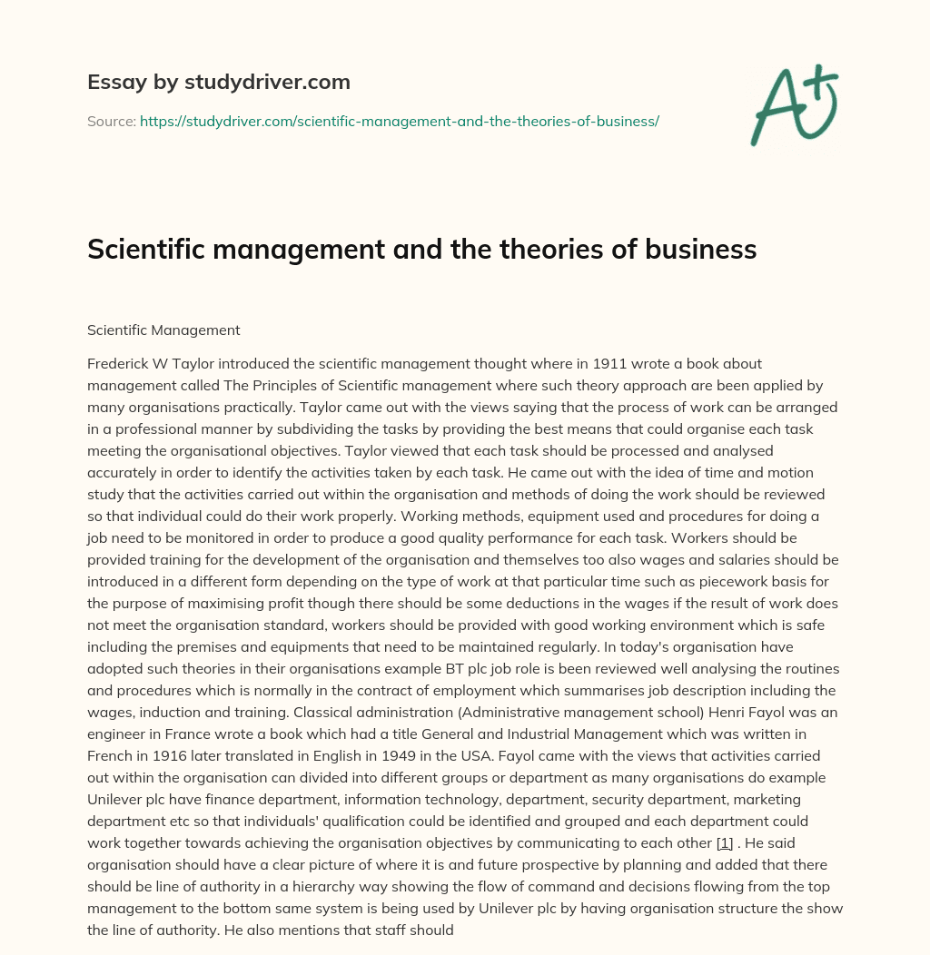Scientific Management and the Theories of Business essay