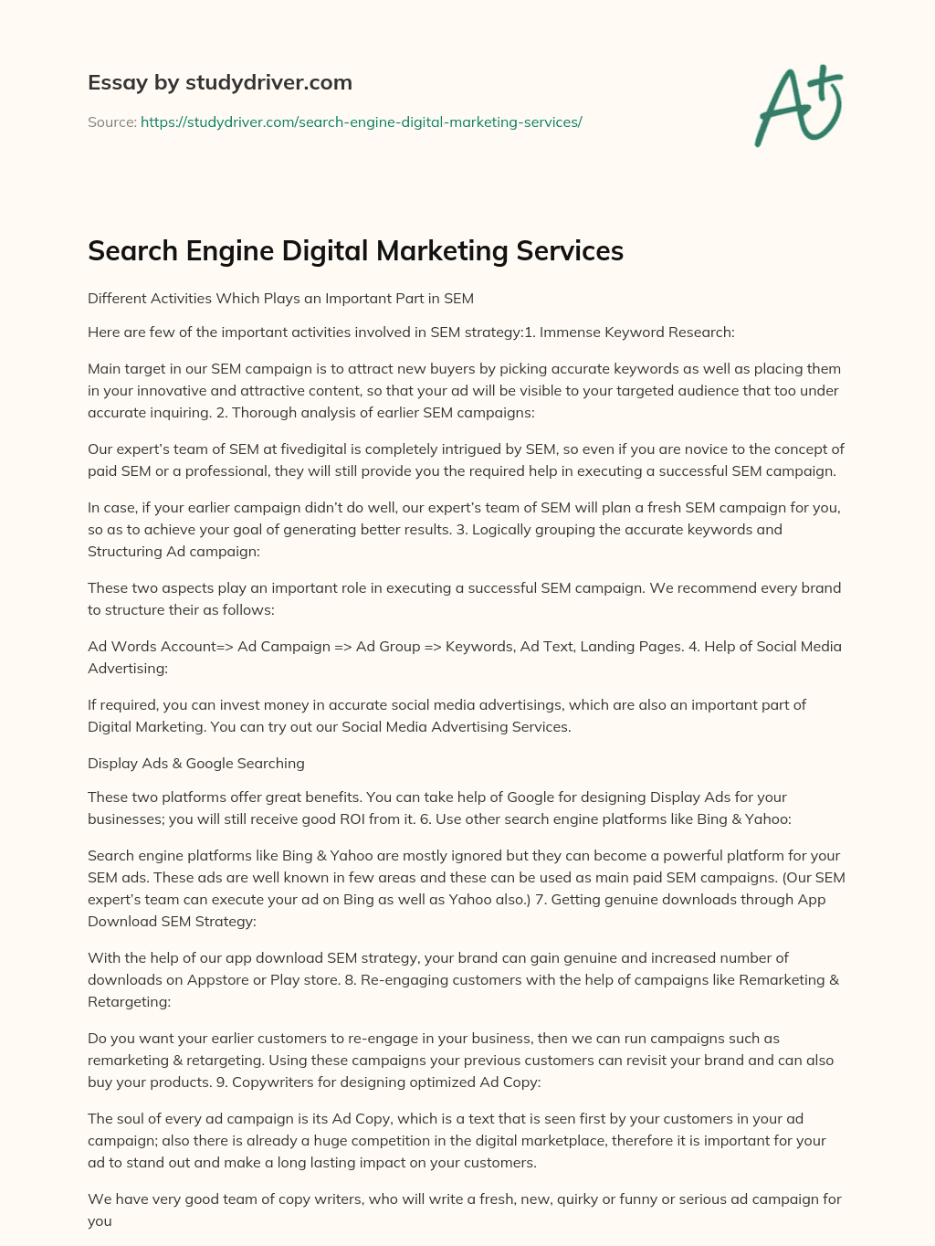 Search Engine Digital Marketing Services essay