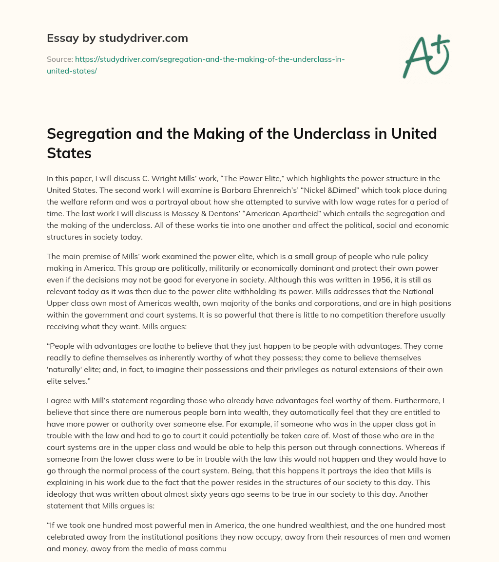 Segregation and the Making of the Underclass in United States essay