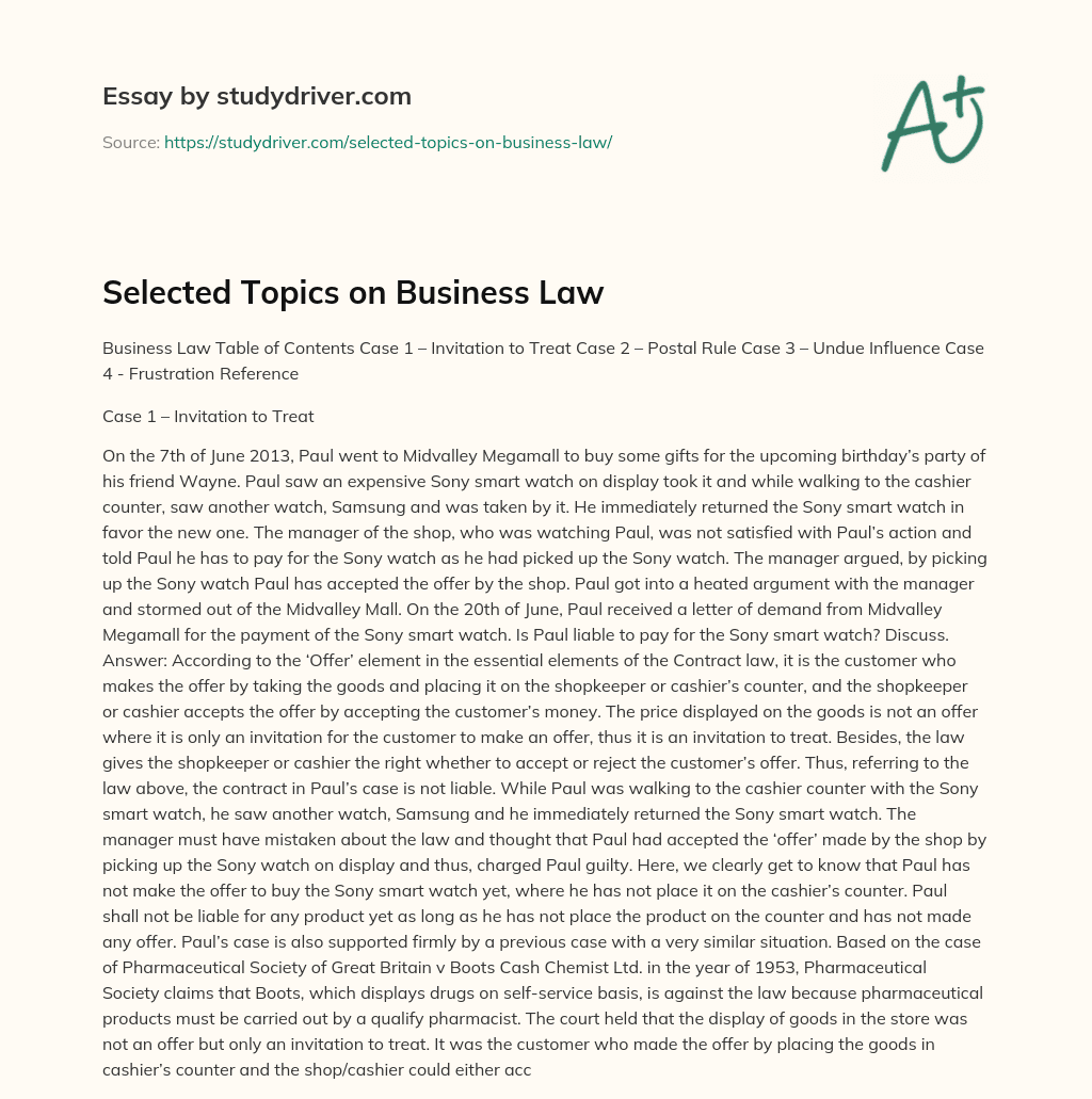 Selected Topics on Business Law essay