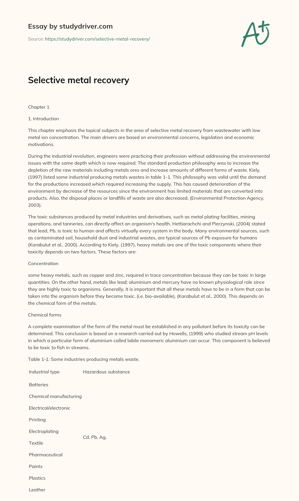 Selective Metal Recovery essay