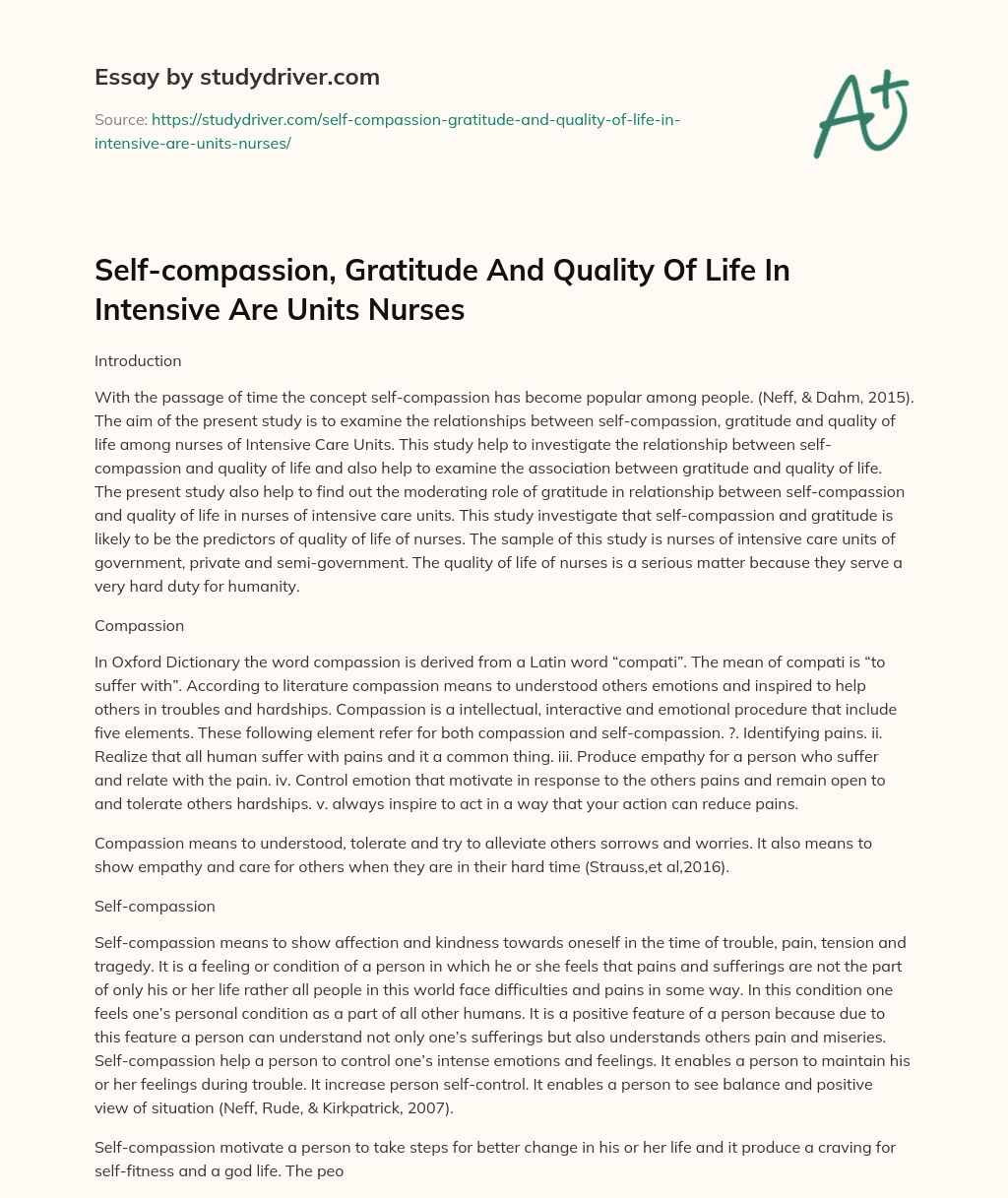 Self-compassion, Gratitude and Quality of Life in Intensive are Units Nurses essay