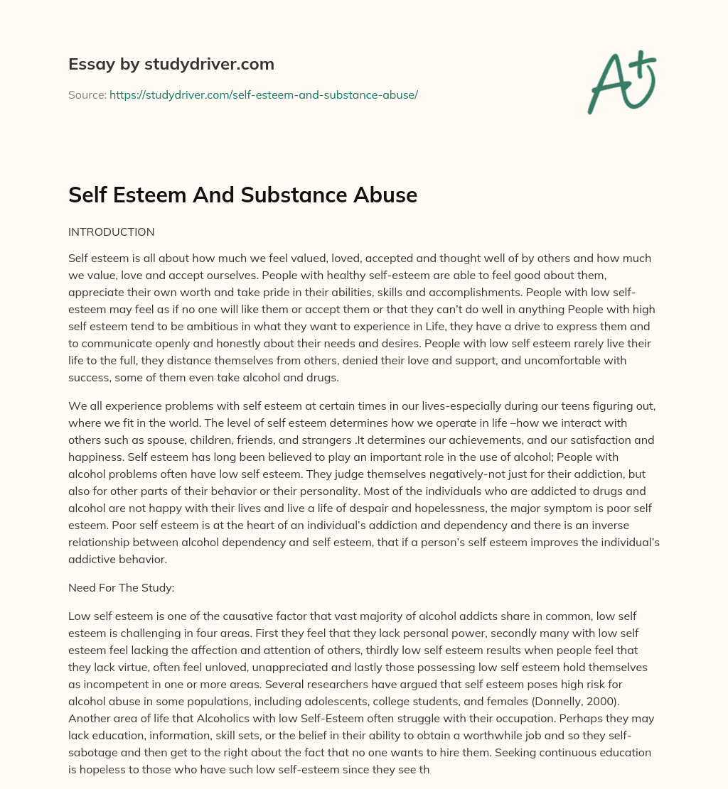 Self Esteem and Substance Abuse essay