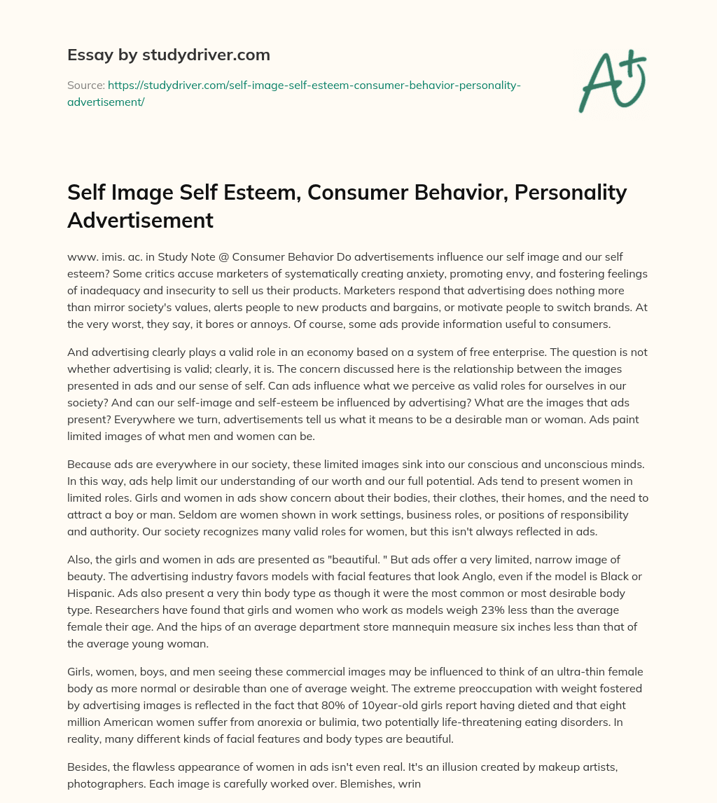 Self Image Self Esteem, Consumer Behavior, Personality Advertisement essay