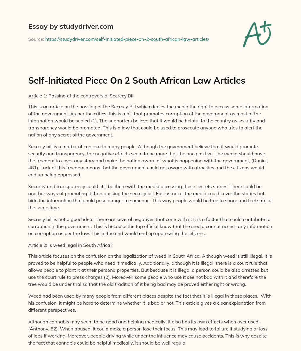 Self-Initiated Piece on 2 South African Law Articles essay