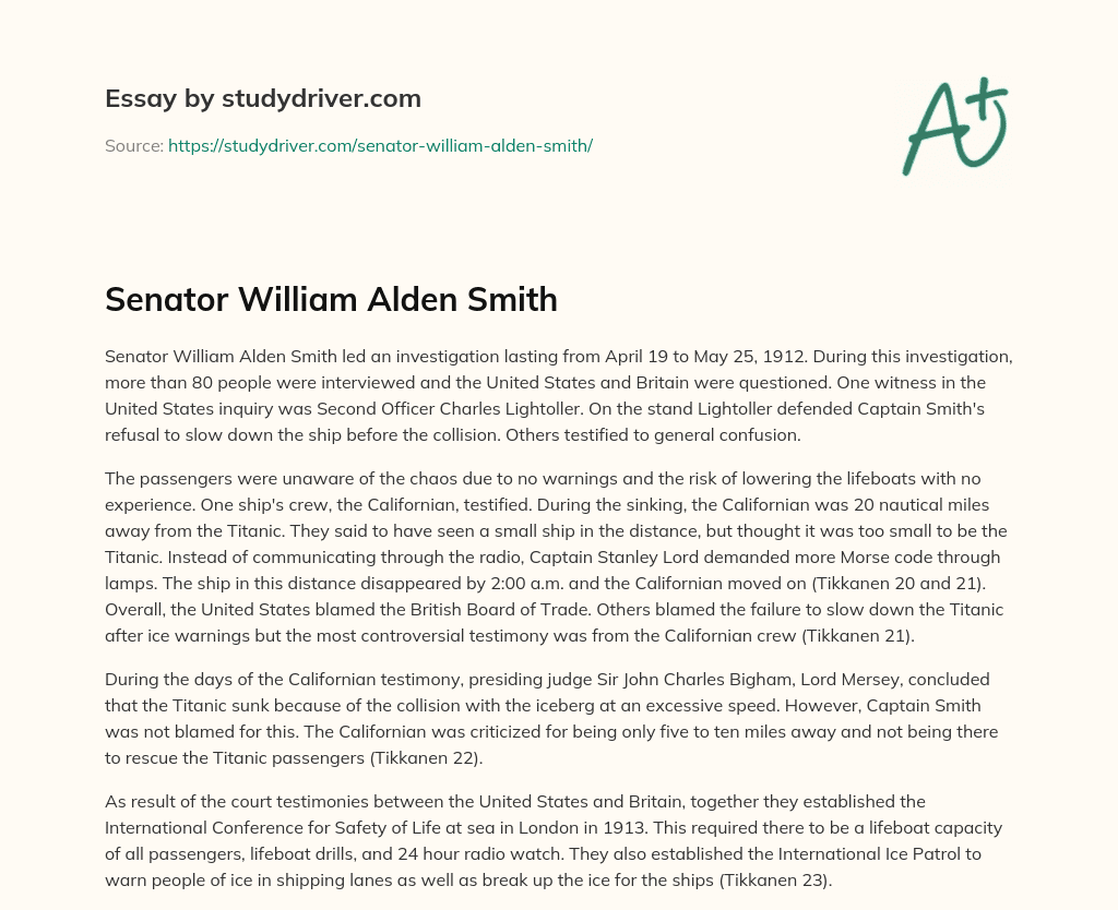 Senator William Alden Smith essay