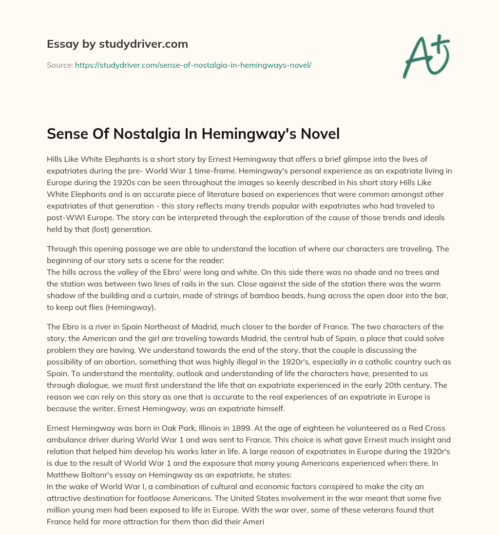 Sense of Nostalgia in Hemingway’s Novel essay
