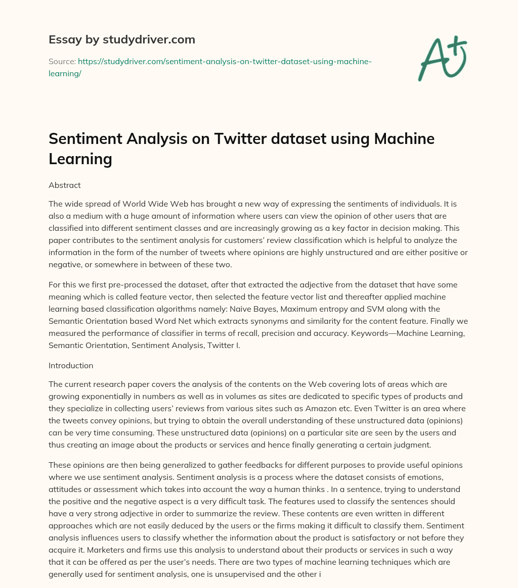 Sentiment Analysis on Twitter Dataset Using Machine Learning essay