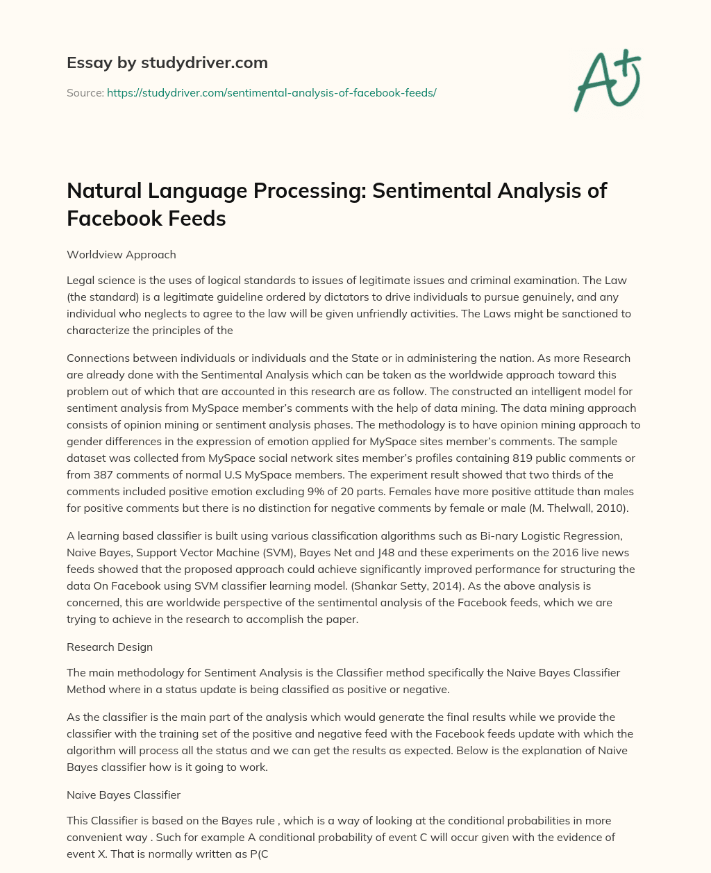 Natural Language Processing: Sentimental Analysis of Facebook Feeds essay