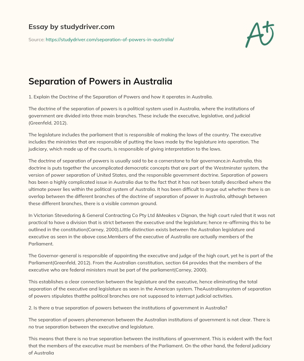 Separation of Powers in Australia essay