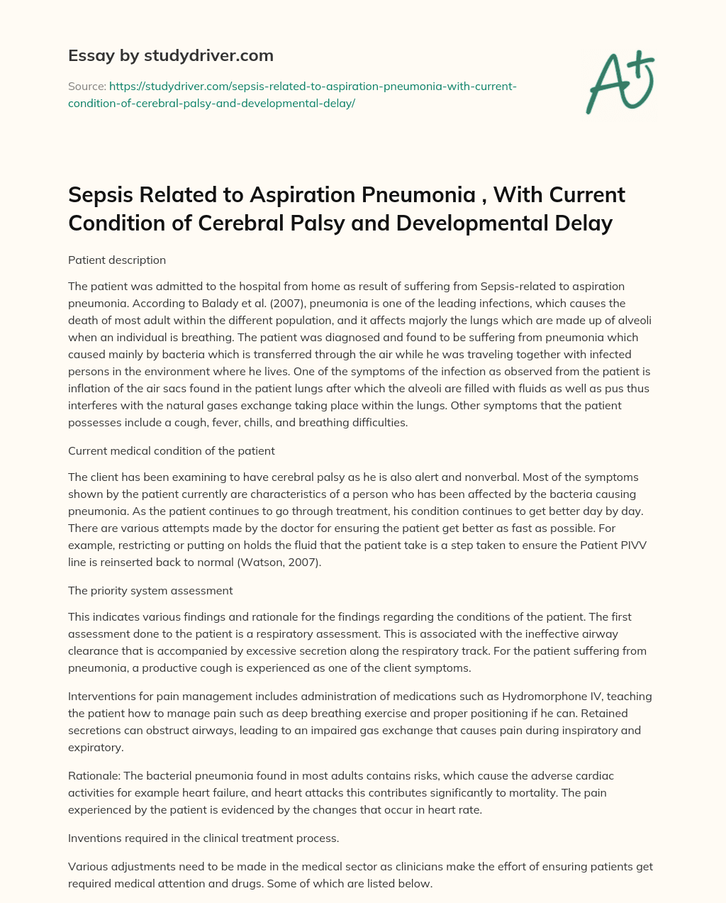 Sepsis Related to Aspiration Pneumonia , with Current Condition of Cerebral Palsy and Developmental Delay essay