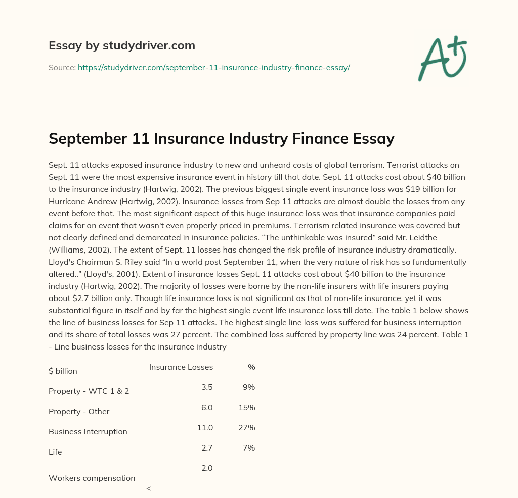 September 11 Insurance Industry Finance Essay essay