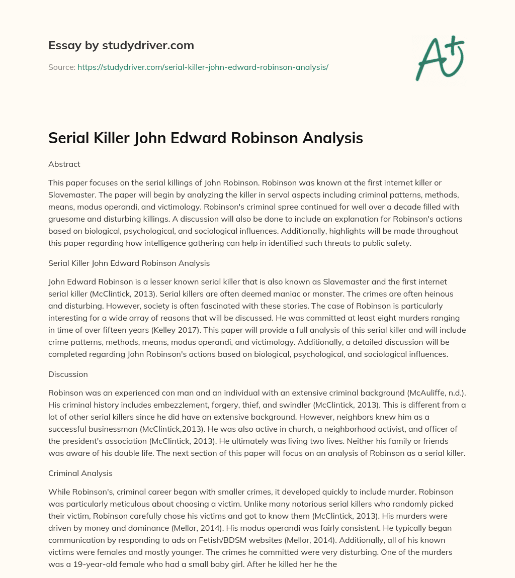 Serial Killer John Edward Robinson Analysis essay