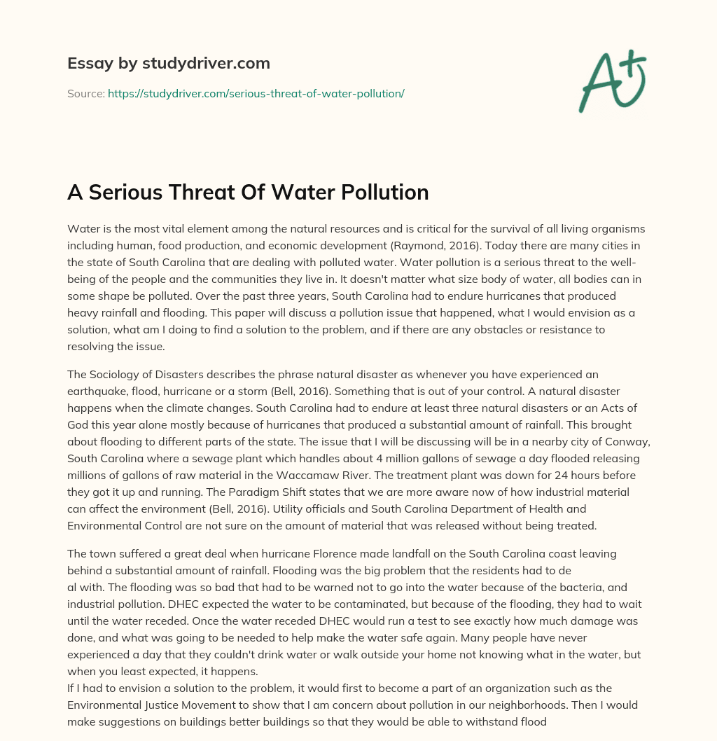 A Serious Threat of Water Pollution essay