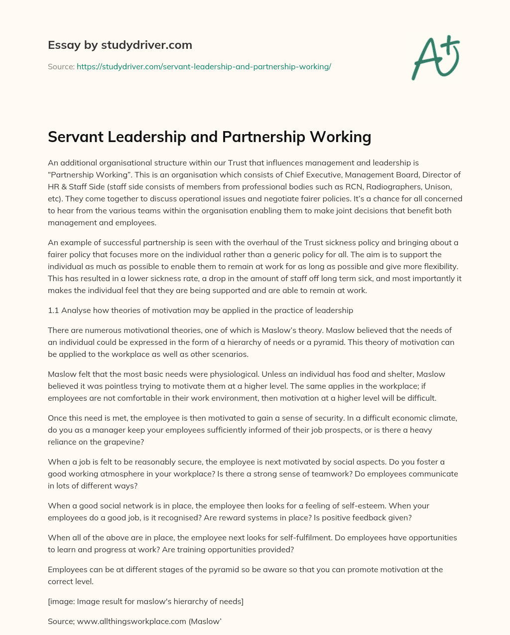 Servant Leadership and Partnership Working essay