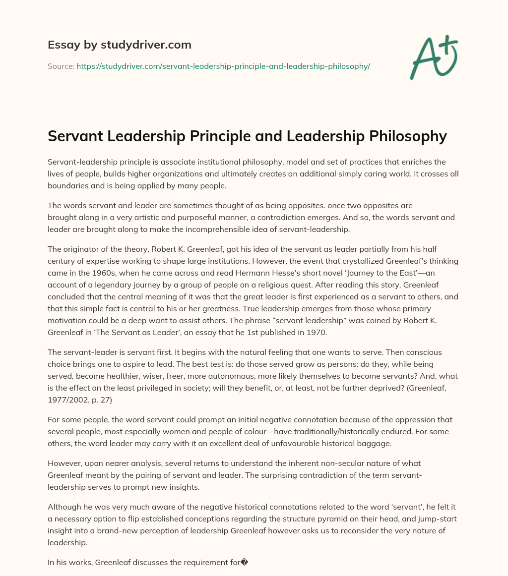 Servant Leadership Principle and Leadership Philosophy essay