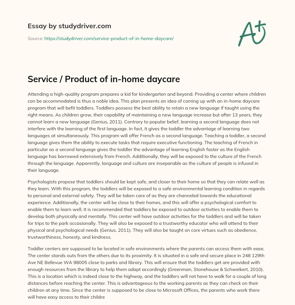 Service / Product of In-home Daycare essay