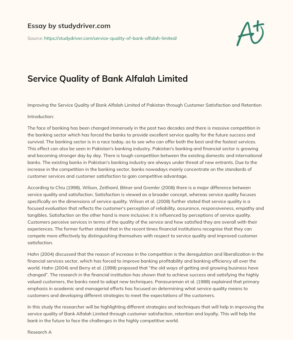 Service Quality of Bank Alfalah Limited essay