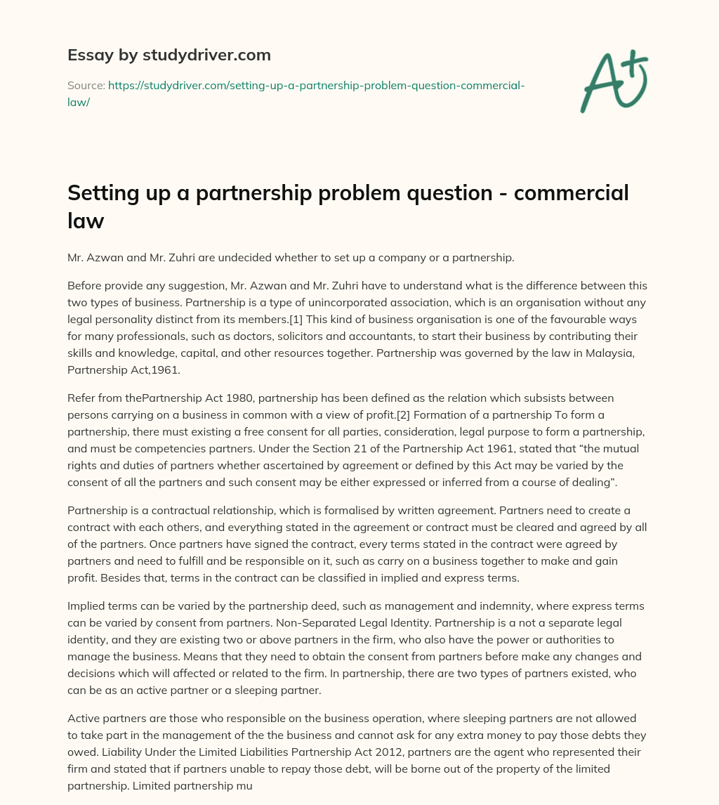 Setting up a Partnership Problem Question – Commercial Law essay