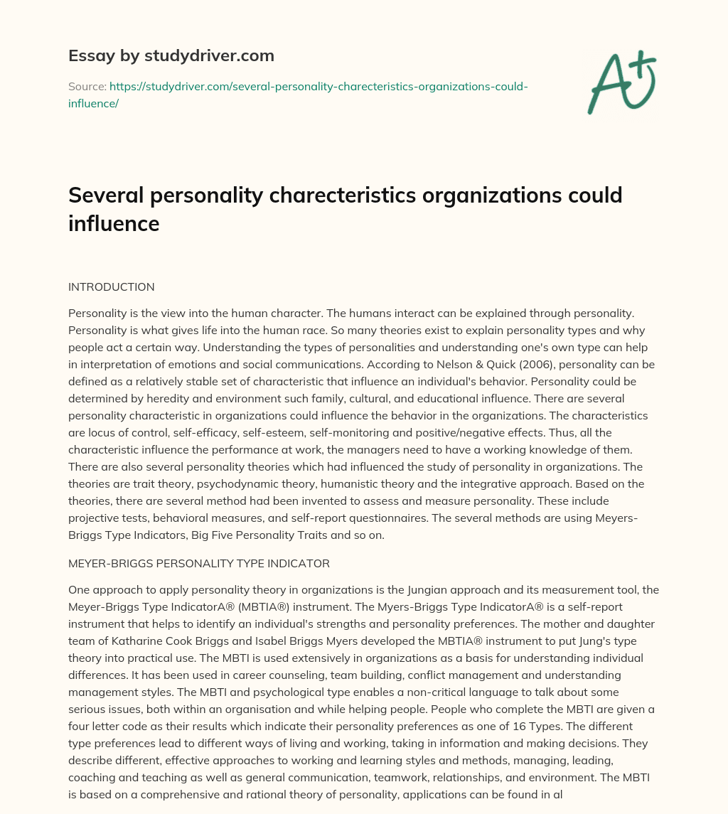 Several Personality Charecteristics Organizations could Influence essay