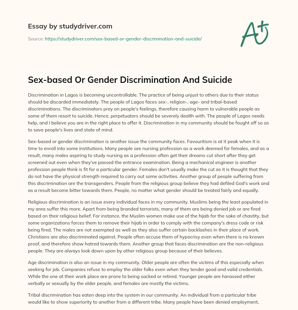 Sex-based or Gender Discrimination and Suicide essay