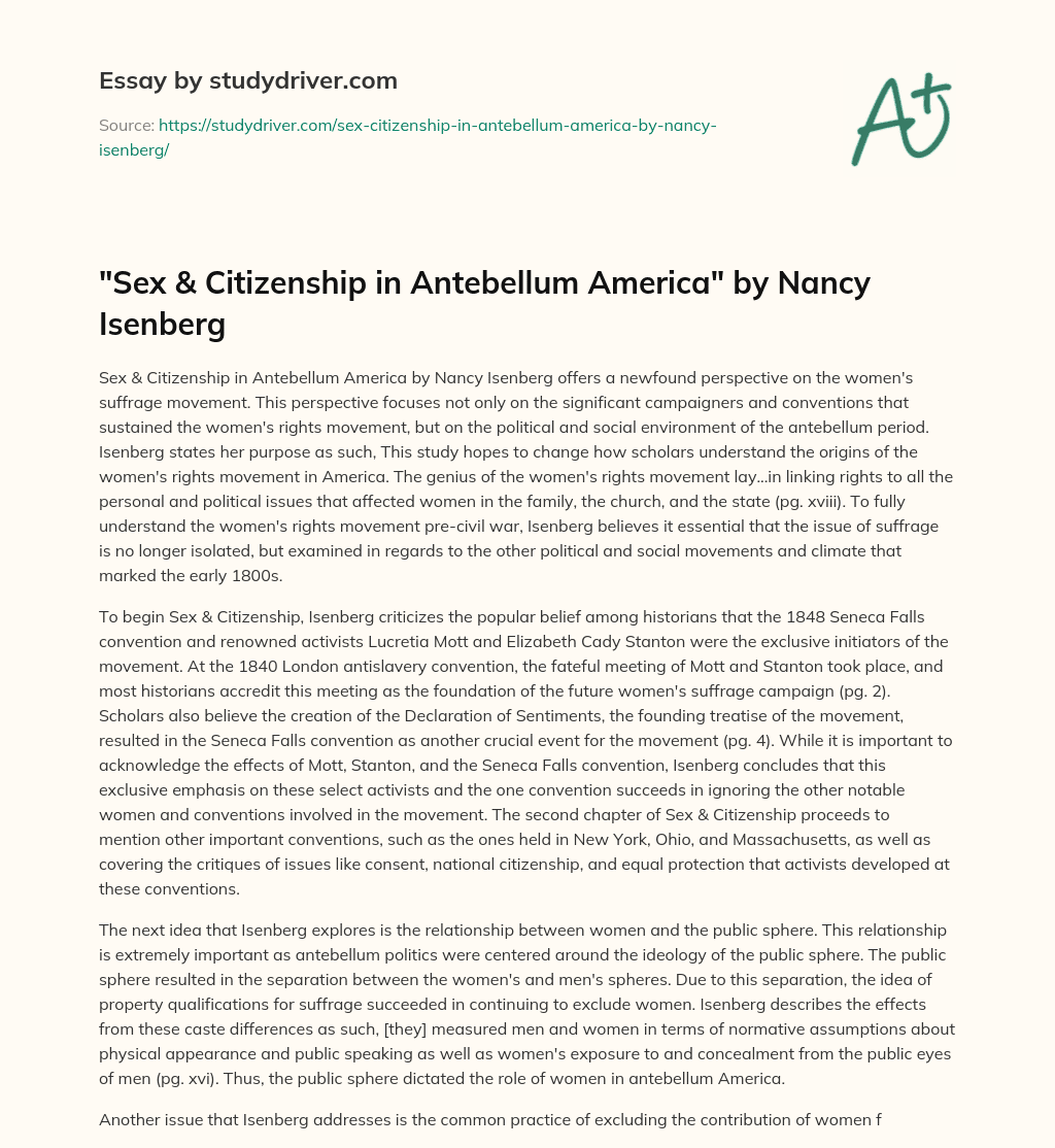 “Sex & Citizenship in Antebellum America” by Nancy Isenberg essay