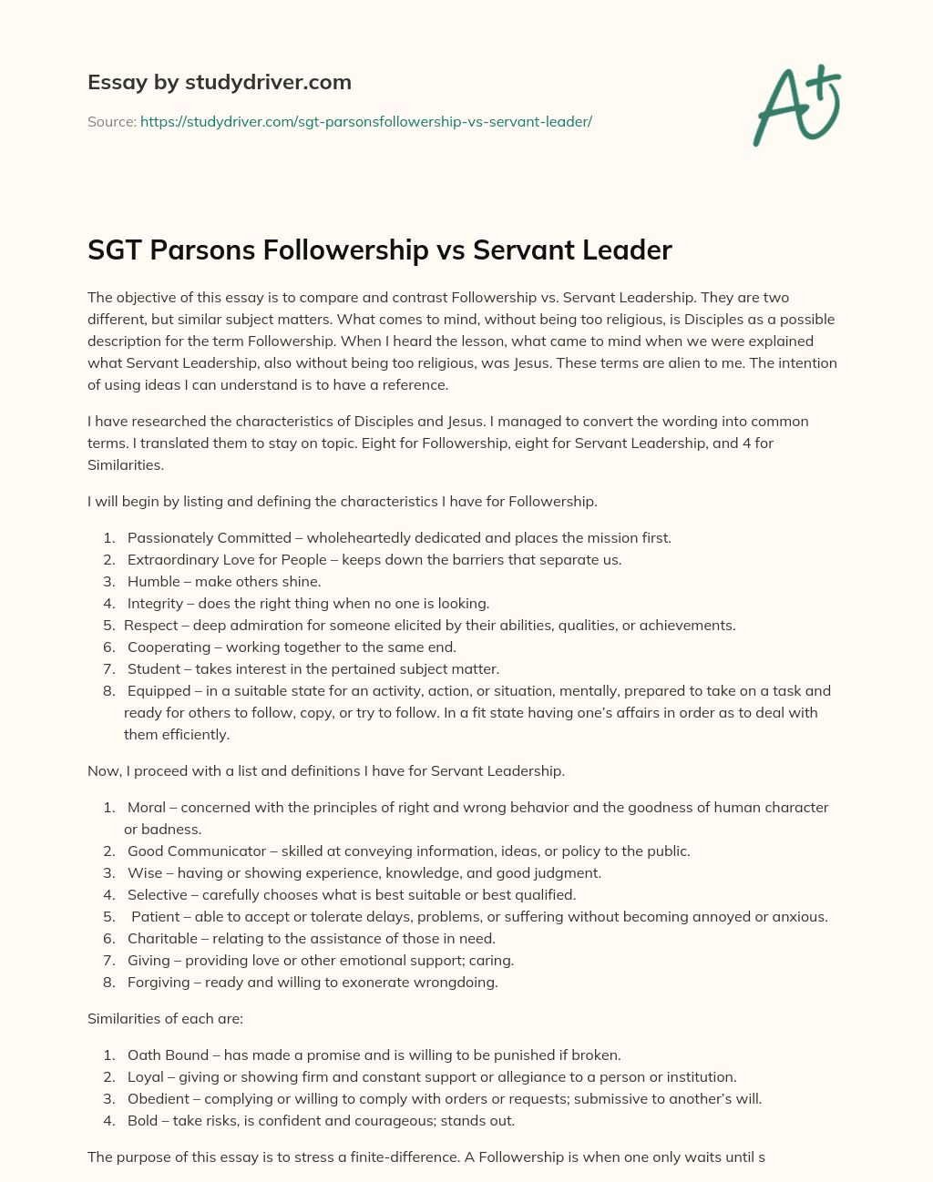 SGT Parsons Followership Vs Servant Leader essay