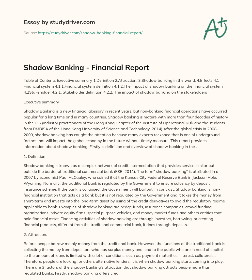 Shadow Banking – Financial Report essay