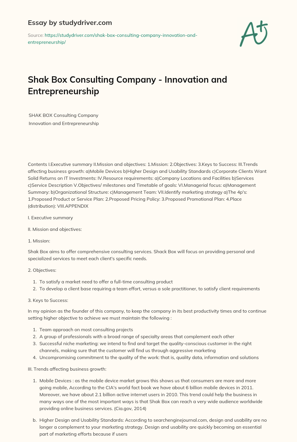 Shak Box Consulting Company – Innovation and Entrepreneurship essay