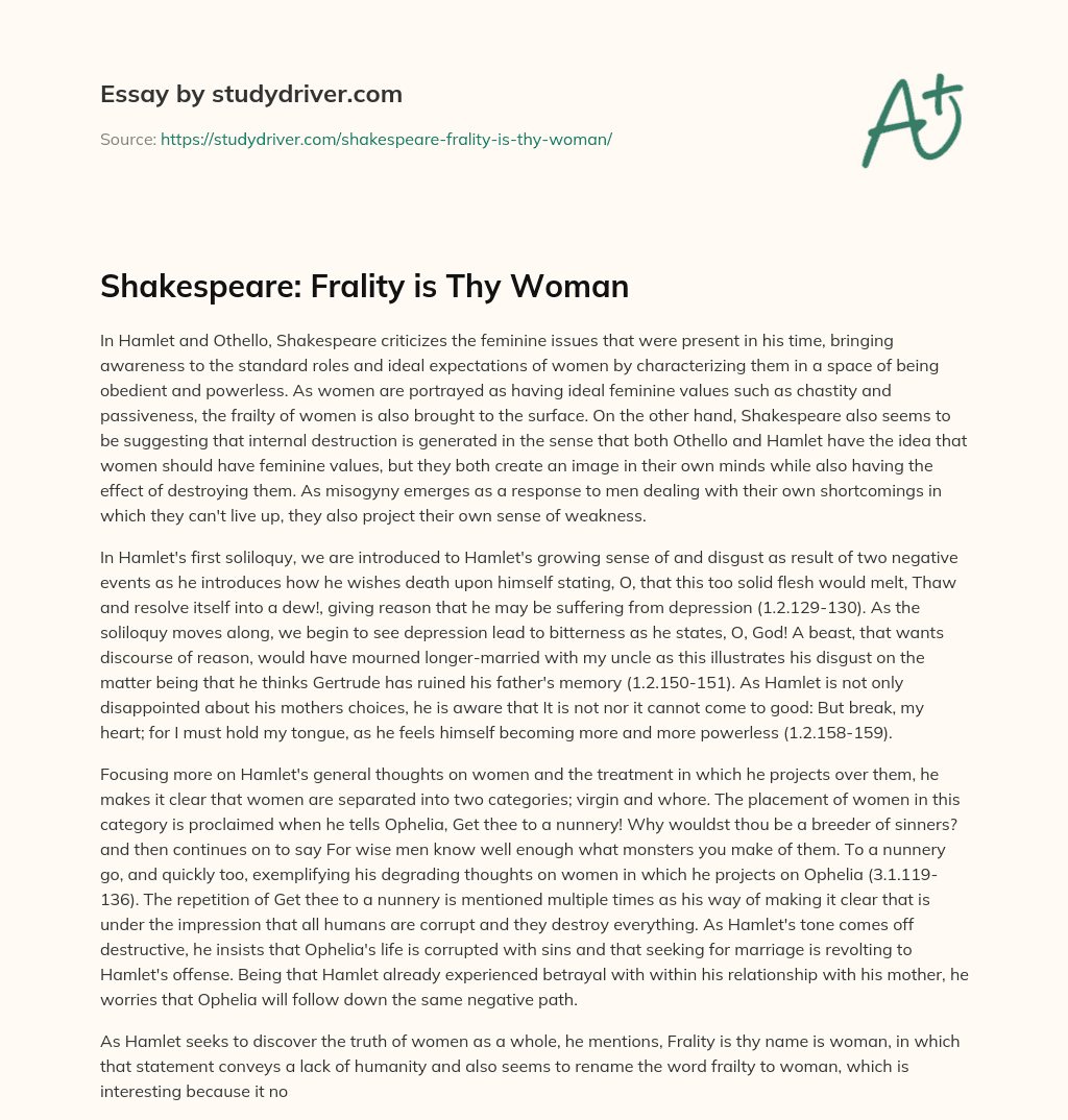 Shakespeare: Frality is Thy Woman essay