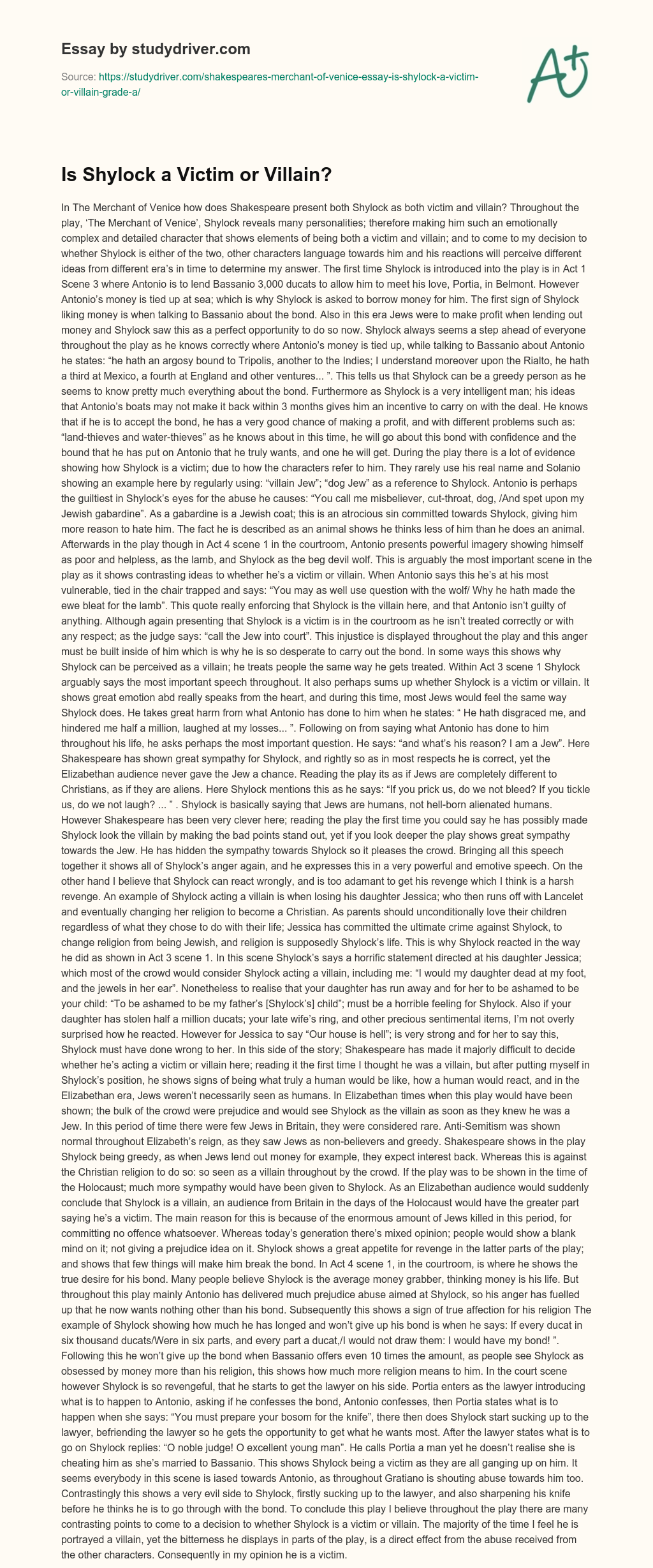 Is Shylock a Victim or Villain? essay