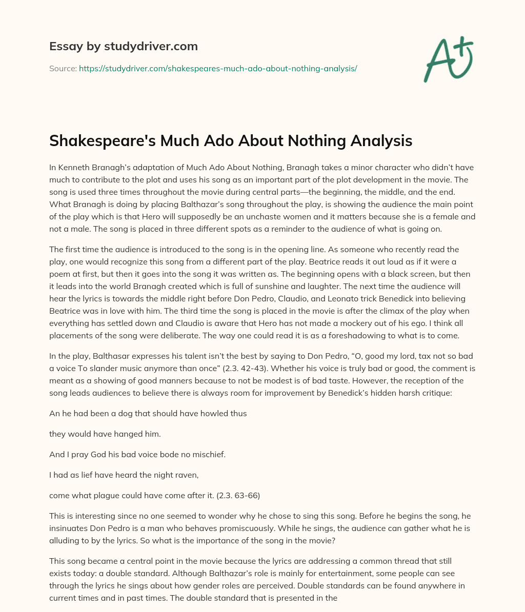 Shakespeare’s Much Ado about Nothing Analysis essay