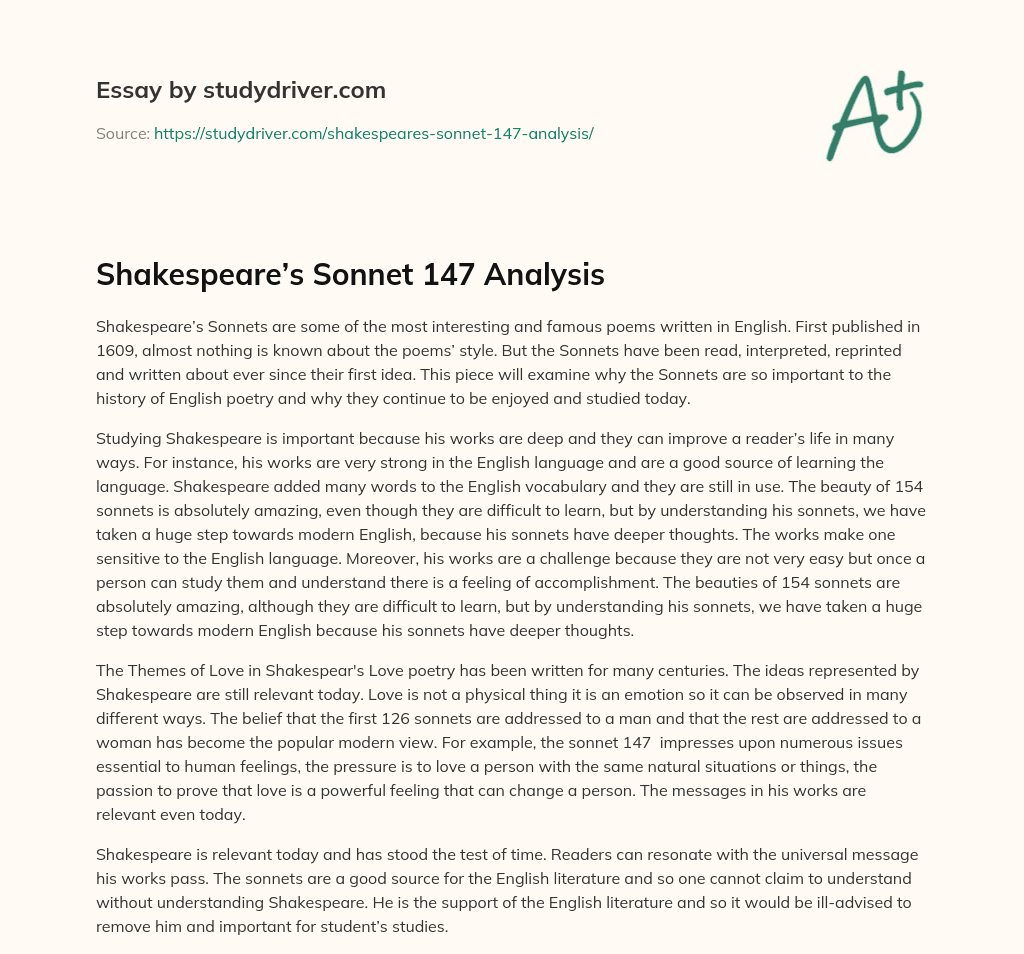 Shakespeare’s Sonnet 147 Analysis essay