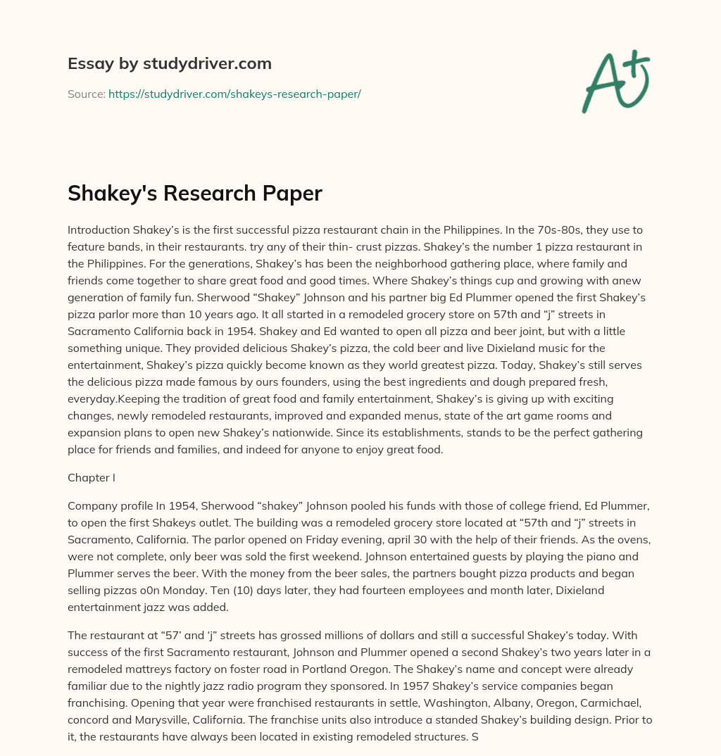 Shakey’s Research Paper essay