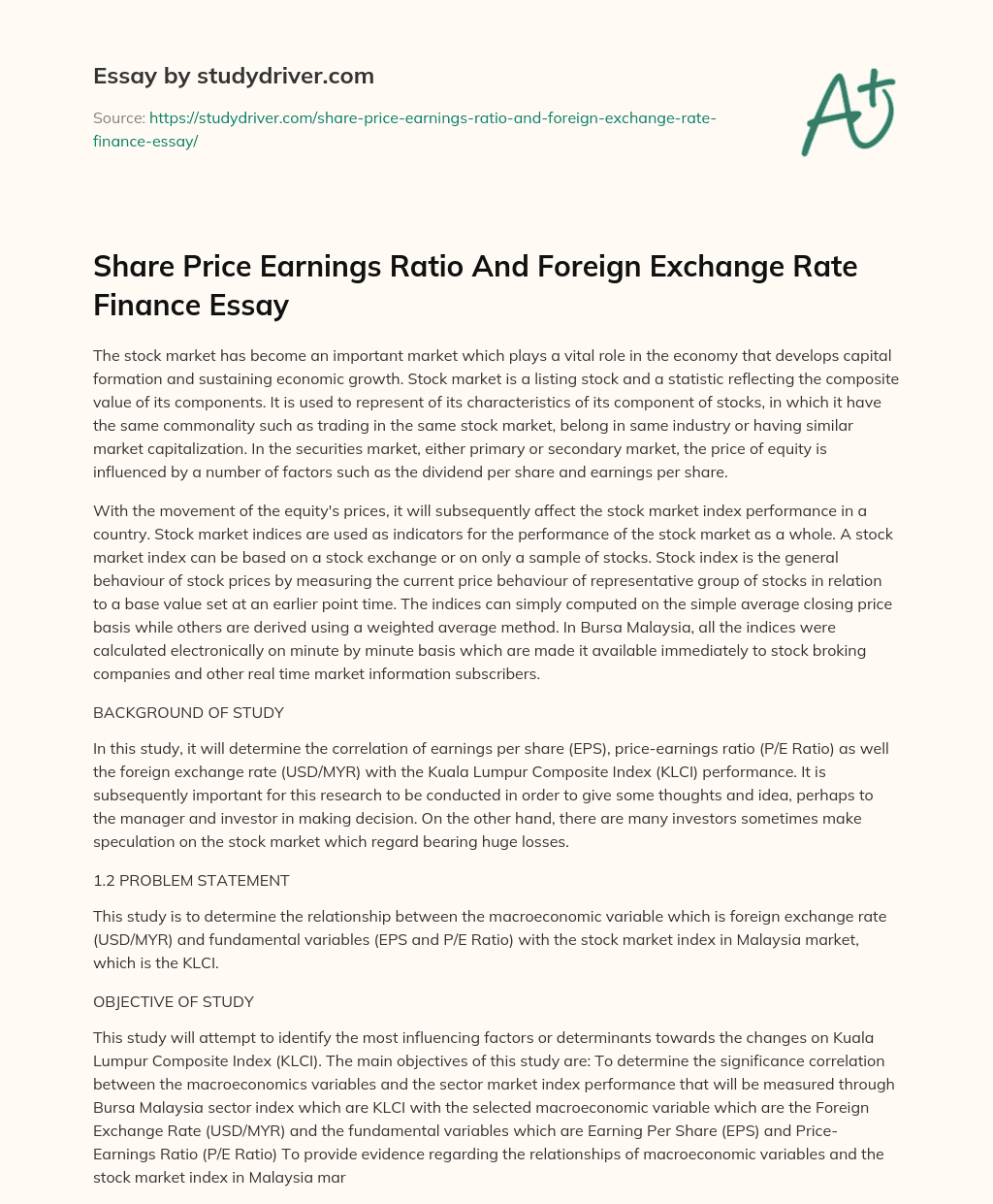 Share Price Earnings Ratio and Foreign Exchange Rate Finance Essay essay