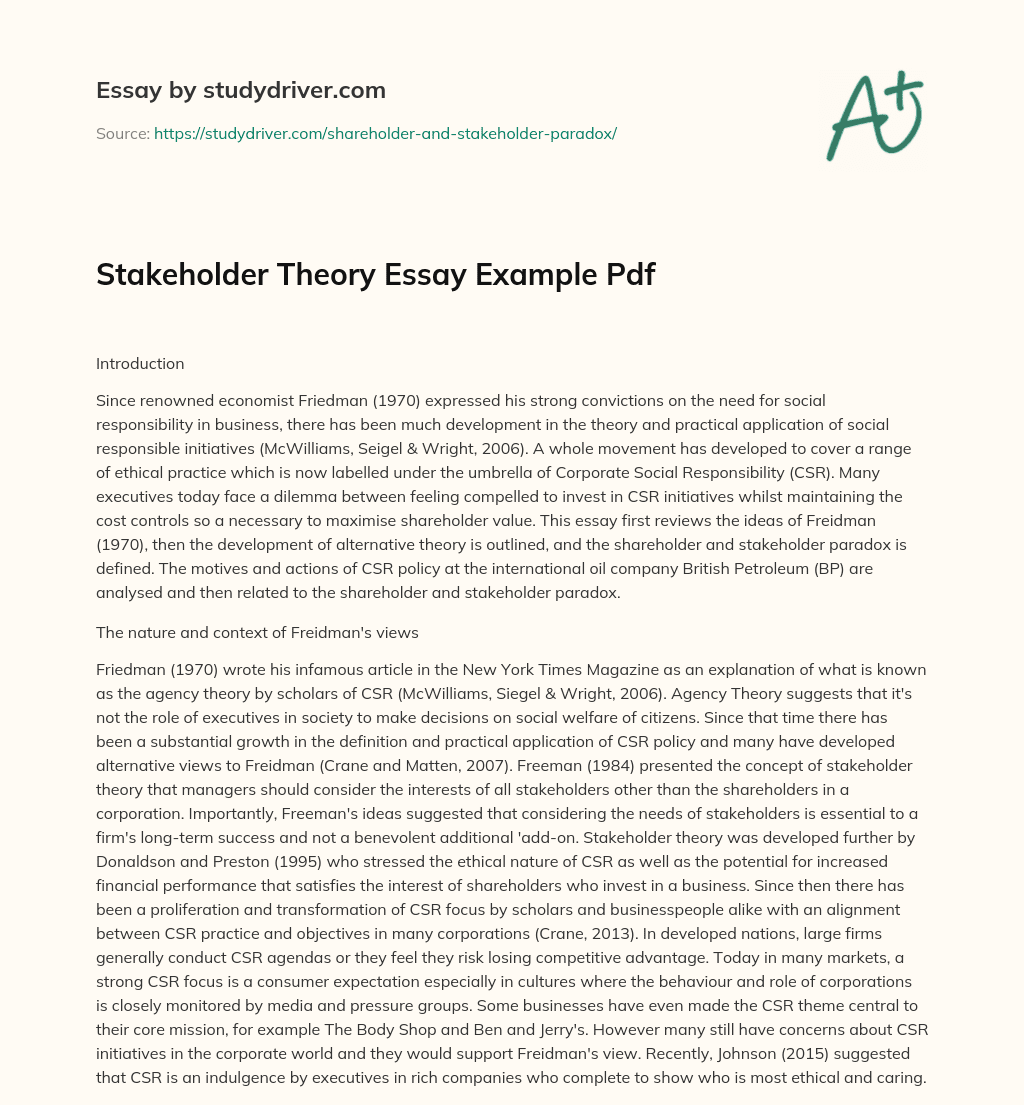 Stakeholder Theory Essay Example Pdf essay