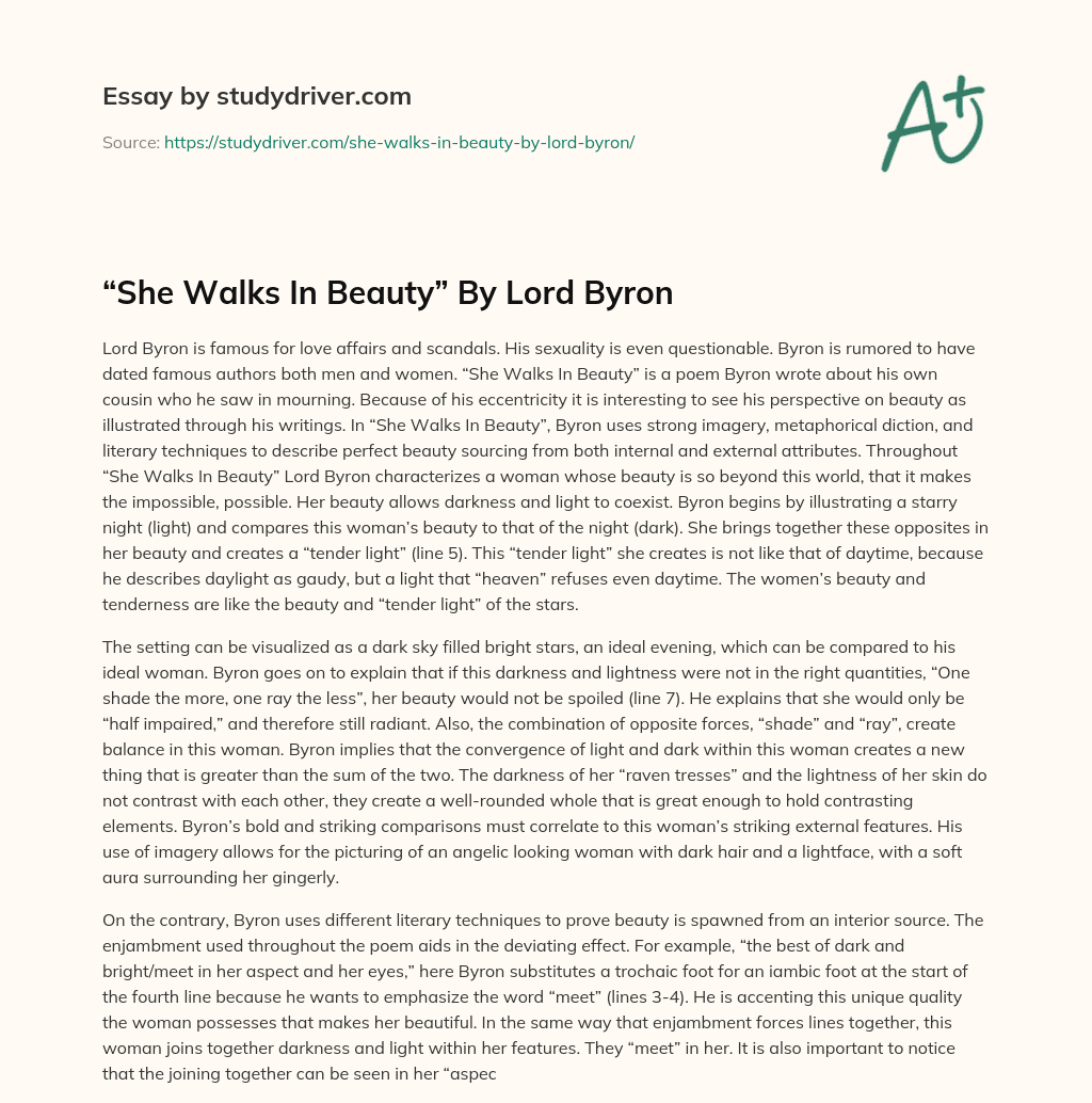 “She Walks in Beauty” by Lord Byron essay