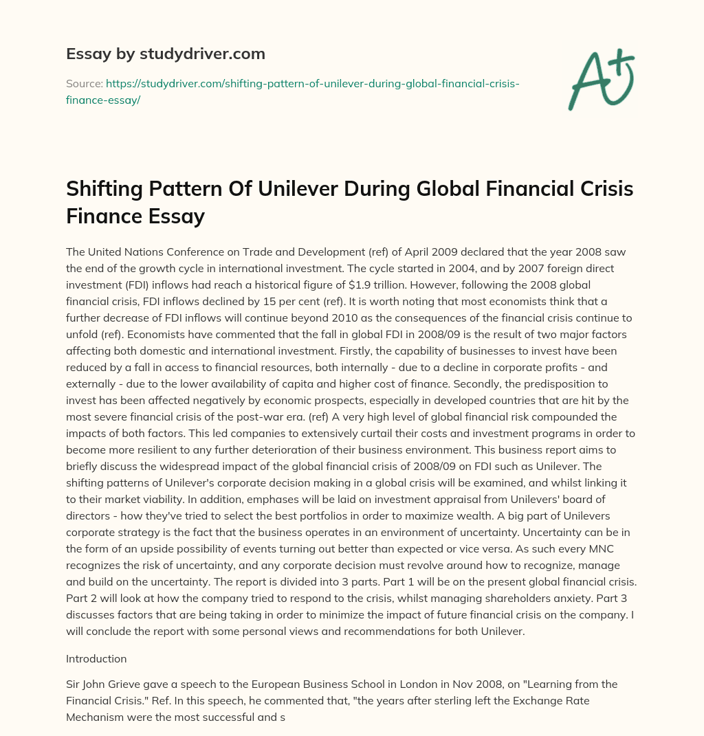 Shifting Pattern of Unilever during Global Financial Crisis Finance Essay essay