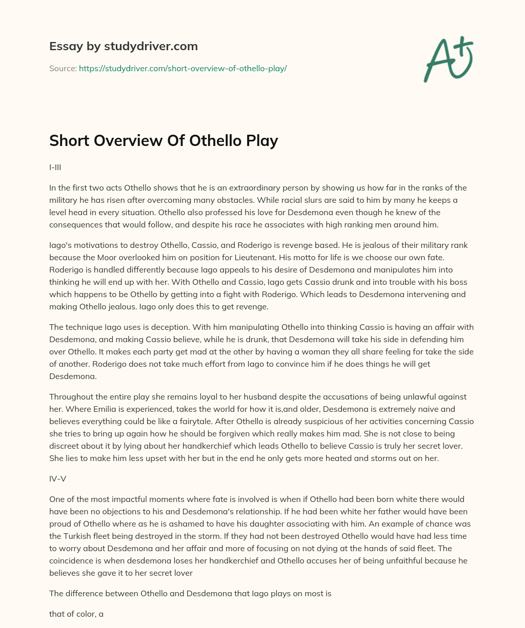 Short Overview of Othello Play essay