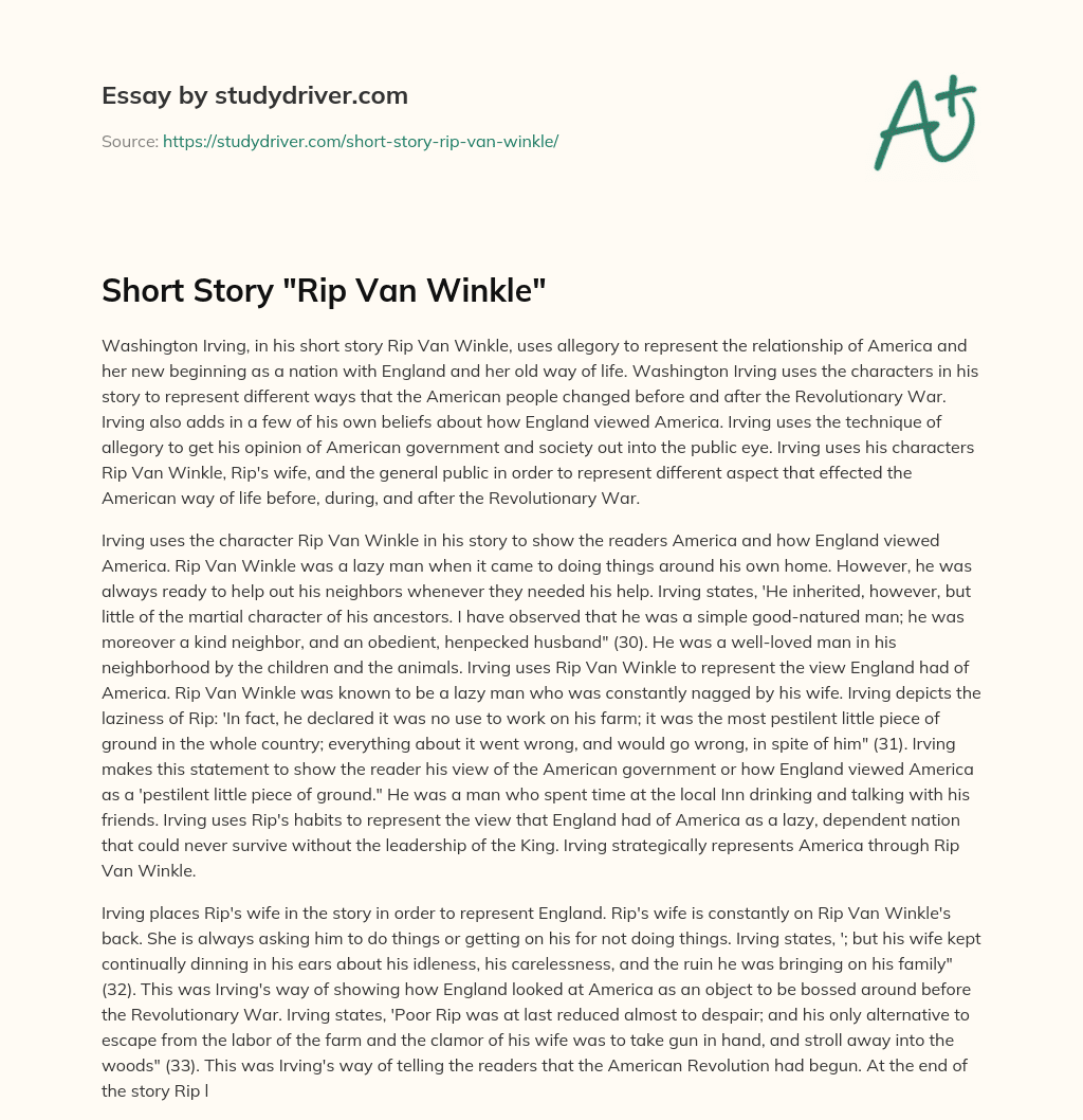 Short Story “Rip Van Winkle” essay