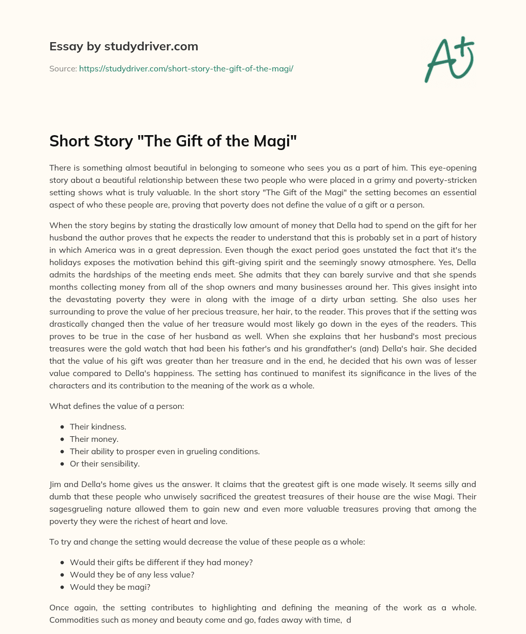 Short Story “The Gift of the Magi” essay