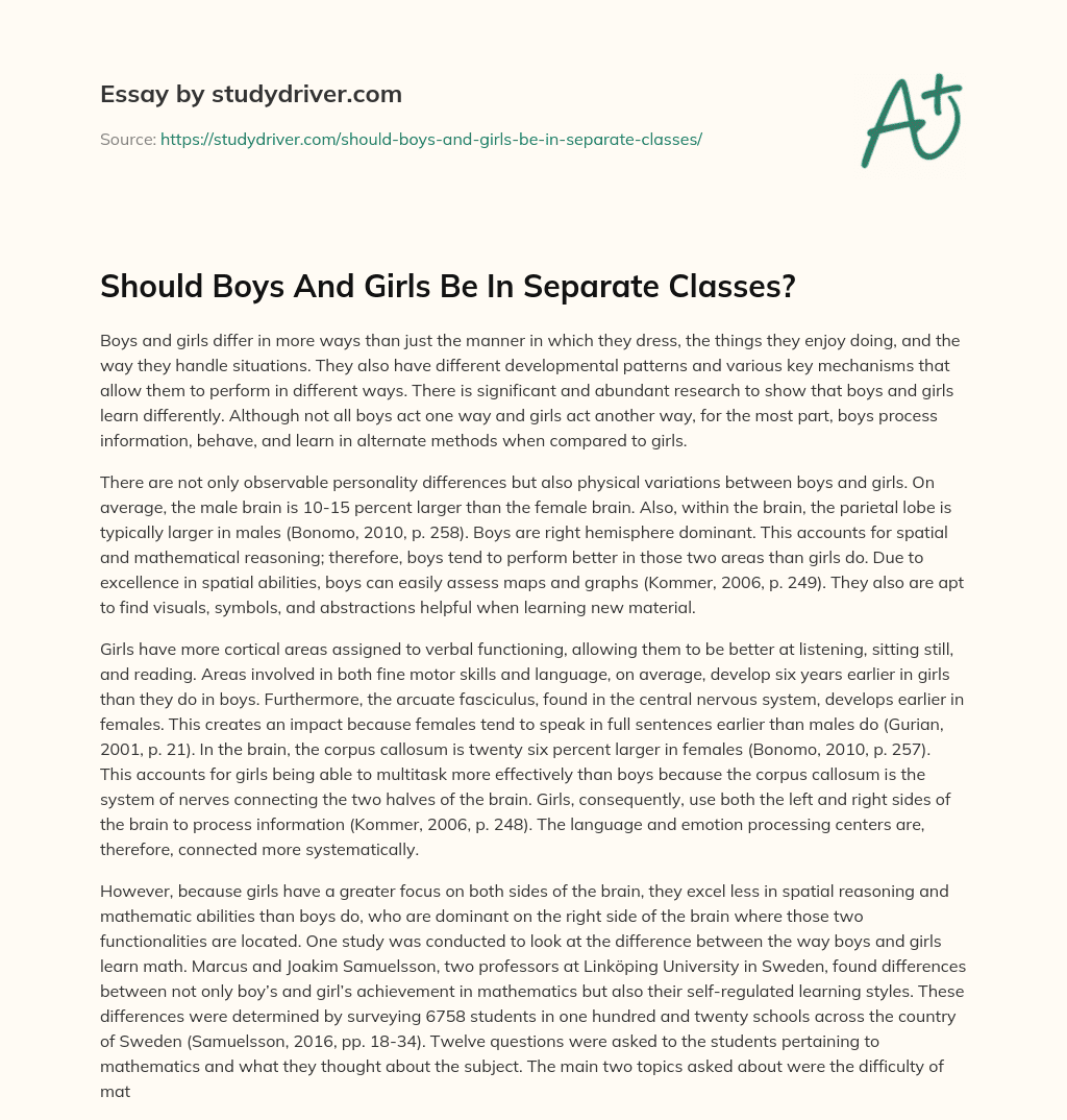 Should Boys and Girls be in Separate Classes? essay