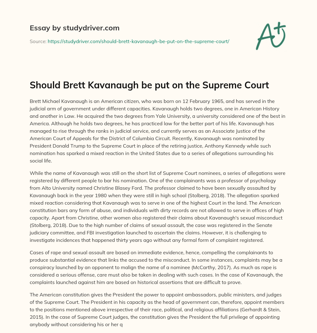 Should Brett Kavanaugh be Put on the Supreme Court essay