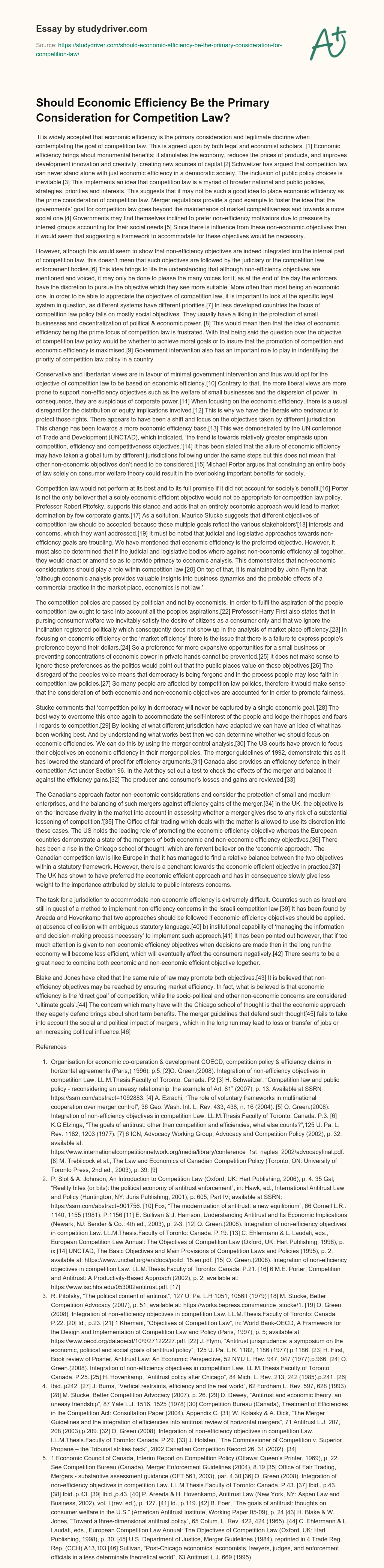 Should Economic Efficiency be the Primary Consideration for Competition Law? essay
