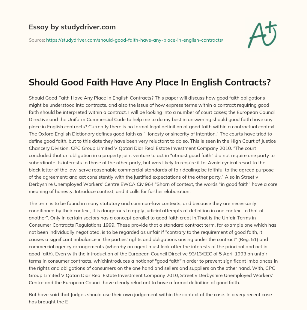 Should Good Faith have any Place in English Contracts? essay